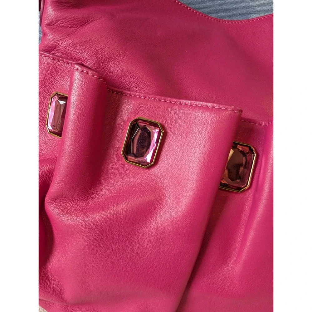 New! Braccialini Italian Leather Embellished Handbag In Fushia